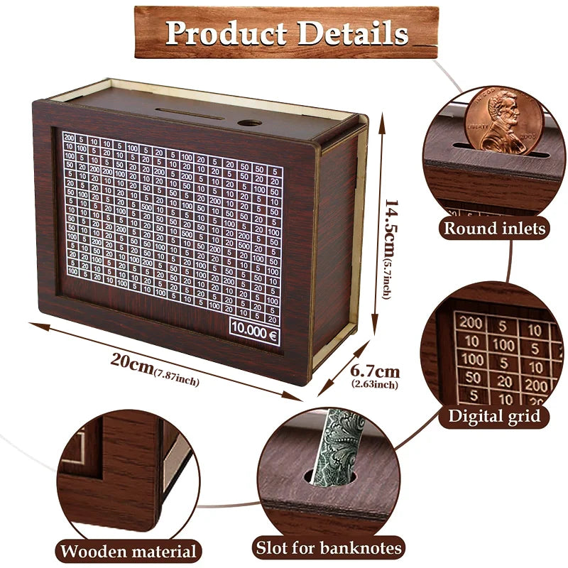 Tirelire en bois, coffre-fort, caisse d'épargne, défi, 1000/2000/3000/5000/10000 euros